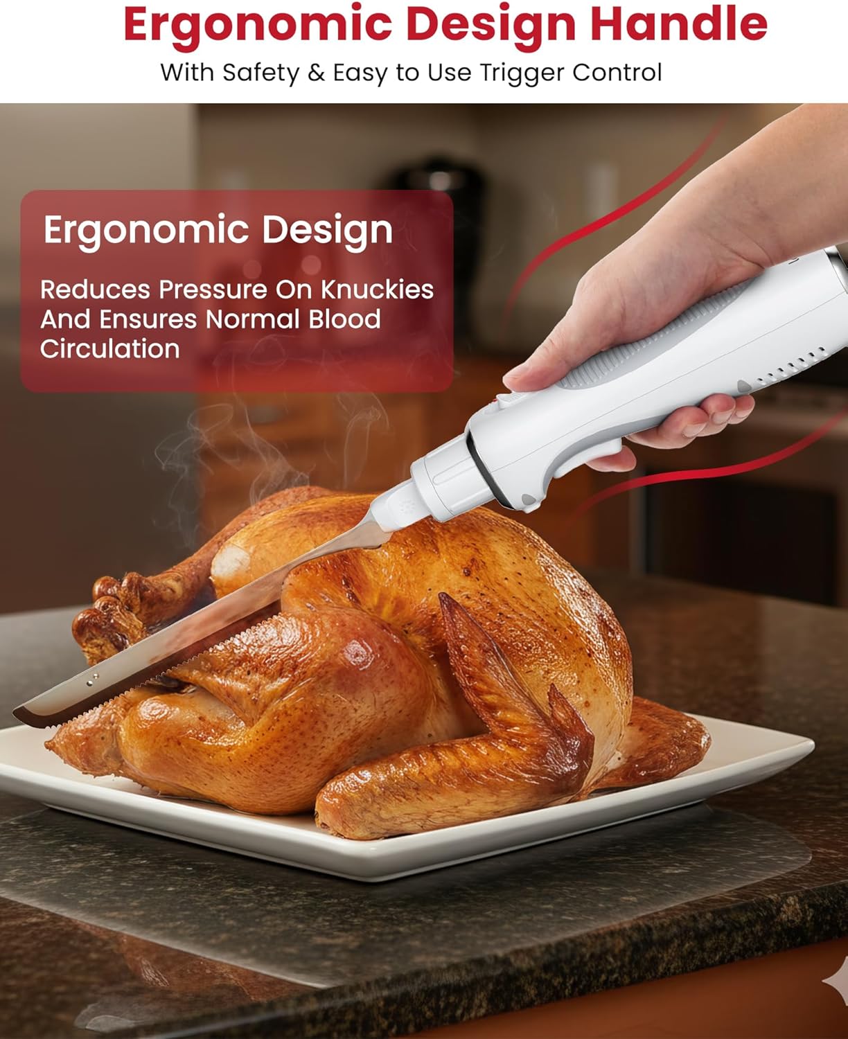 Keenstone Cordless Electric Knife, Upgraded Serrated Blade for Turkey, Meat Slicing, Fish Fillet & Bread, Ergonomic Design with Comfortable Contoured Grip for Kitchen & BBQ, USB-C Rechargeable