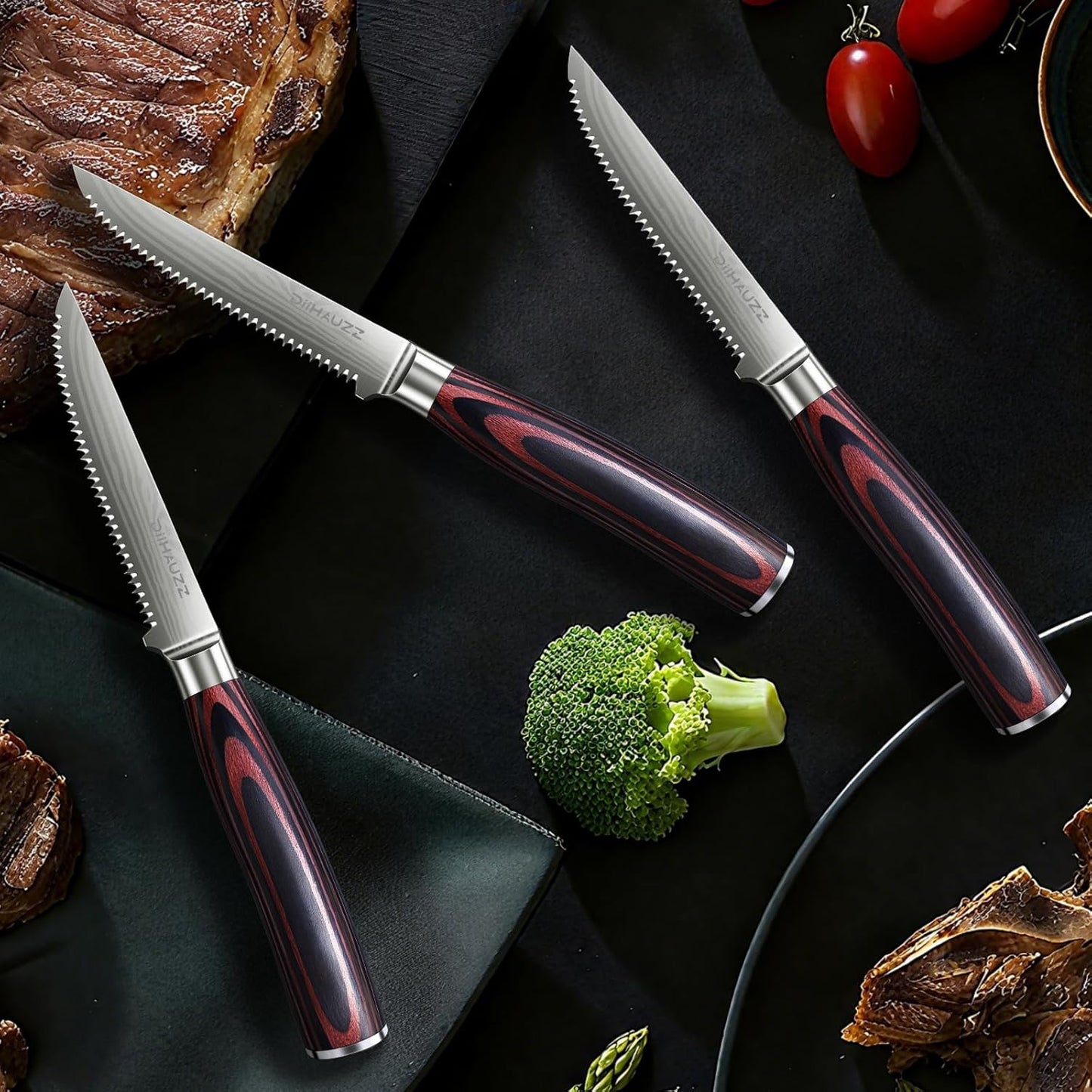 DiiHAUZZ Steak Knives Set of 6, Serrated Steak Knife Set 4.5 Inch, Ultra Sharp Forged High Carbon Stainless Steel Dinner Knife with Ergonomic Pakkawood Handle, Damascus Pattern and Gift Box