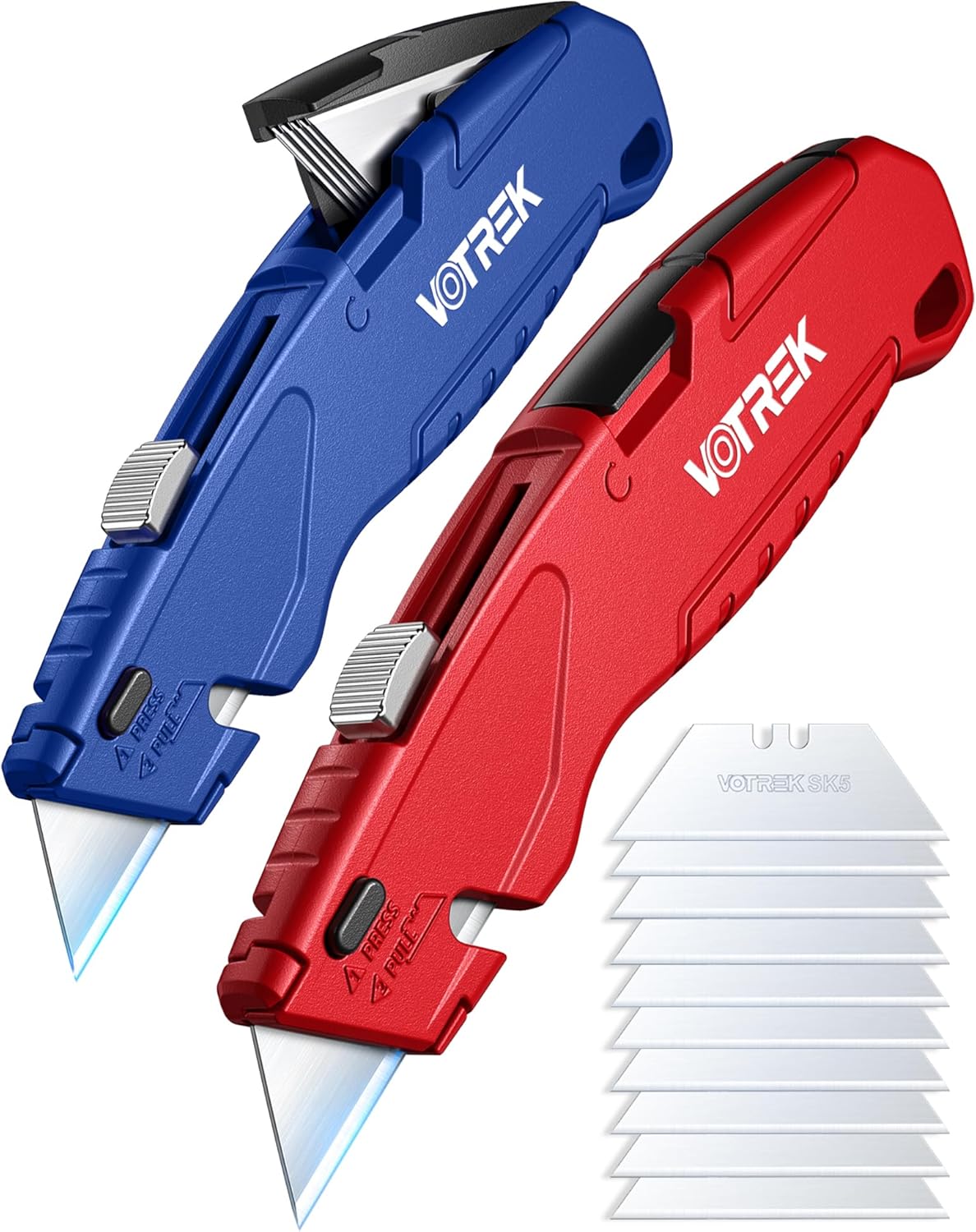 VOTREK® Box Cutter Retractable| Metal Utility Knife Set【Built-In Storage】 Tool-Free Quick Blade Change| Safety Lock| Extra 10 Sharp SK5 Blades| 2-Pack Heavy Duty Razor Knife for Cardboard & Plastic