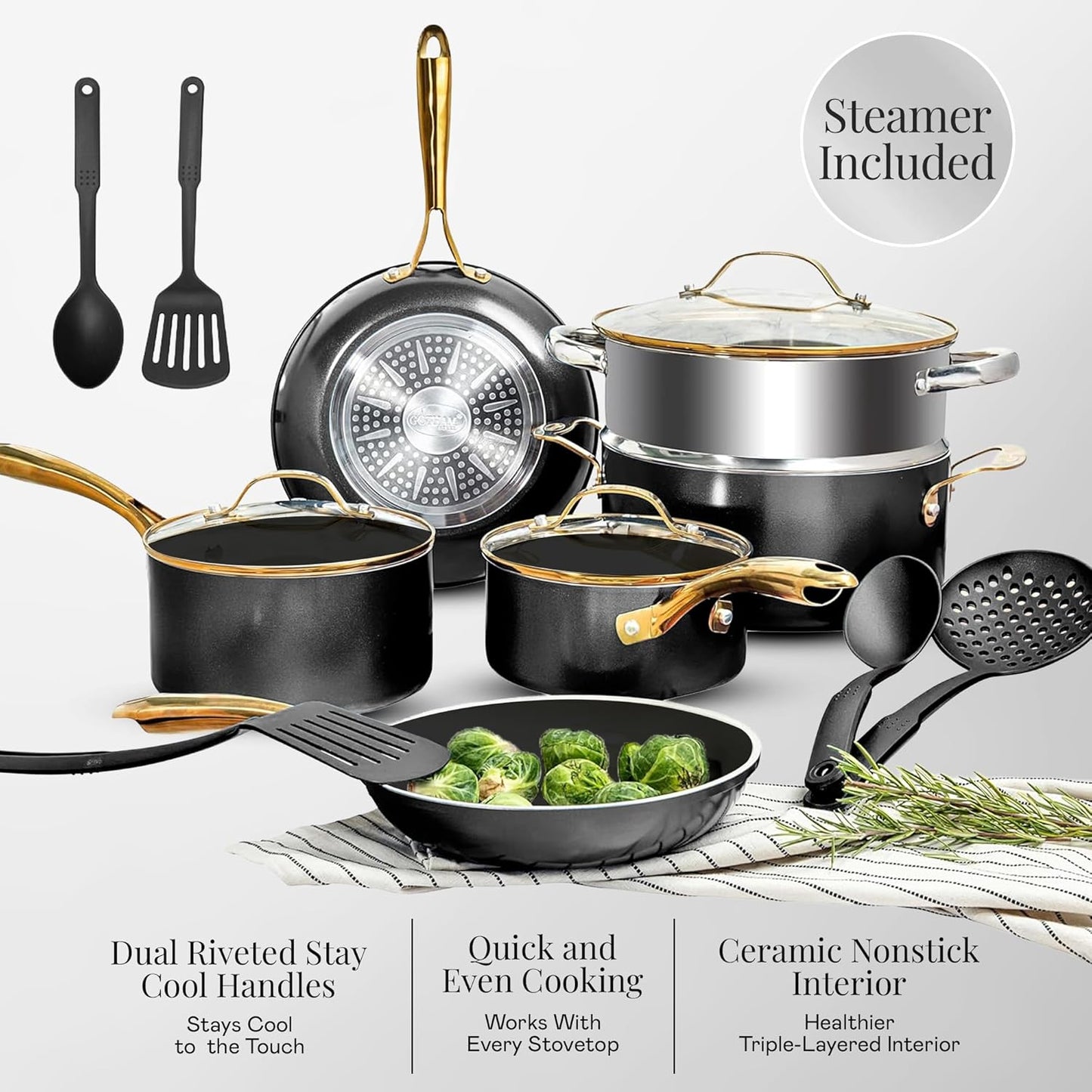 Gotham Steel 20pcs Pots and Pans Set Non Stick Ceramic Cookware Set with Deep Frying Pan Set & 6pc Knife Set, Improved Ti-Cerama Coating Made without PFOA PFOS Lasts 2x Longer, Oven & Dishwasher Safe