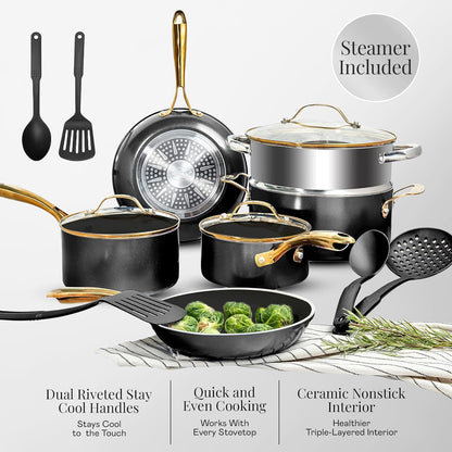 Gotham Steel 20pcs Pots and Pans Set Non Stick Ceramic Cookware Set with Deep Frying Pan Set & 6pc Knife Set, Improved Ti-Cerama Coating Made without PFOA PFOS Lasts 2x Longer, Oven & Dishwasher Safe