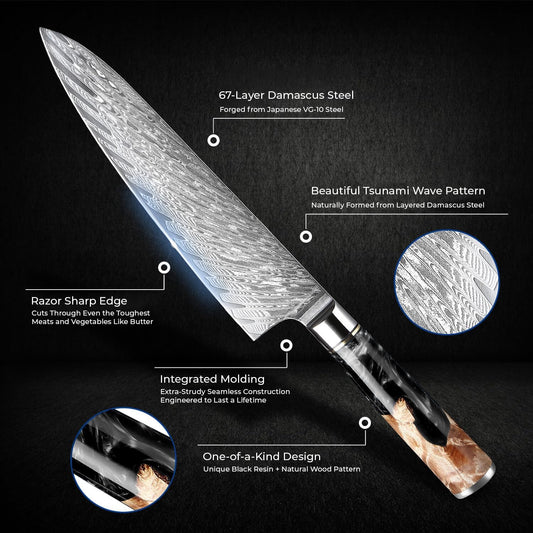 SENKEN 7-Piece Damascus Kitchen Knife Set - Tsunami Collection - 67-Layer Japanese VG10 Steel - Chef's Knife, Cleaver, Santoku, Bread, Boning, & More