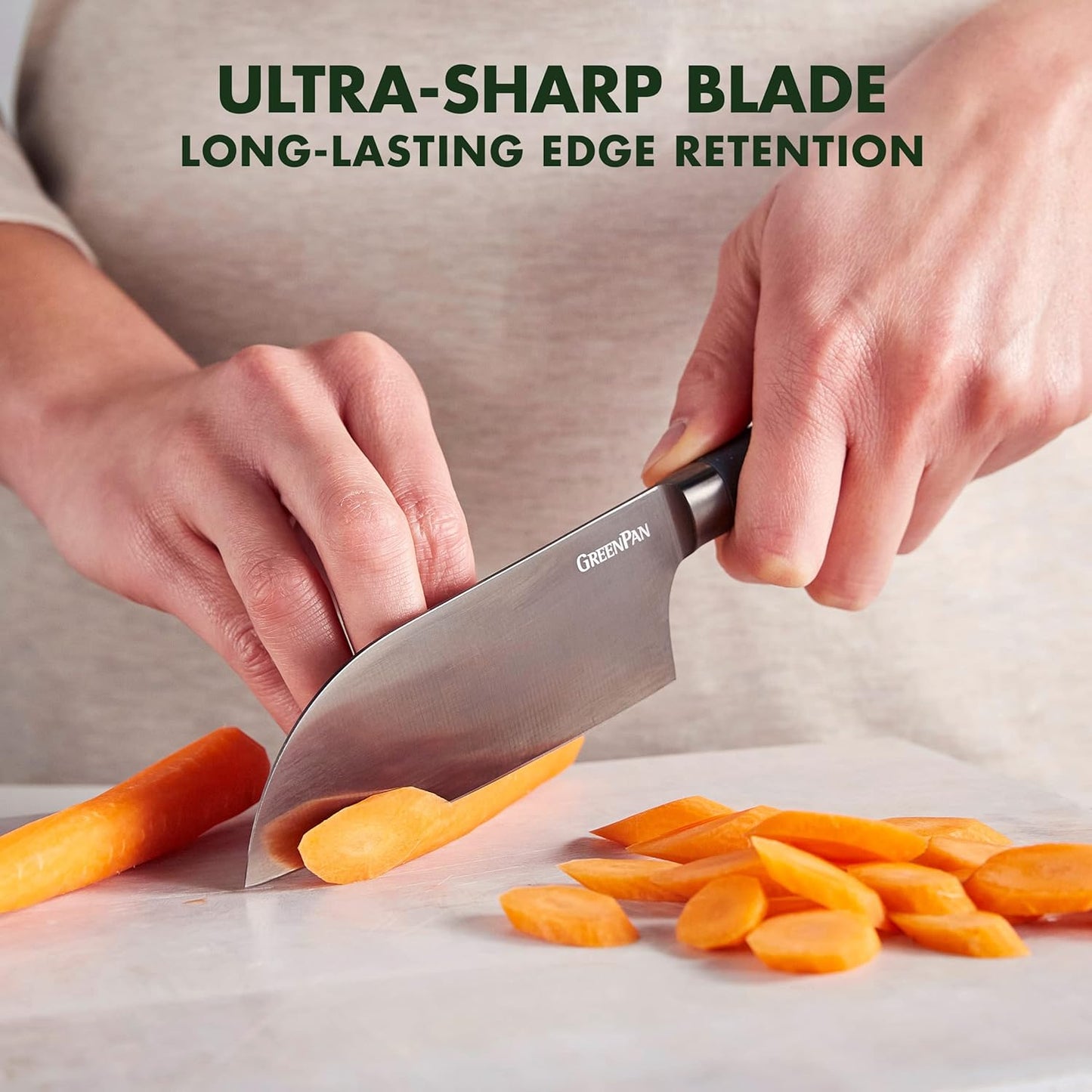 GreenPan Elite 8 Piece Steak Knife Set, Professional Stainless Steel Blades with Titanium Coating, Ultra-Sharp Dining Knives, Kitchen Cutlery, Ergonomic Wood Handles, Wooden Storage Box