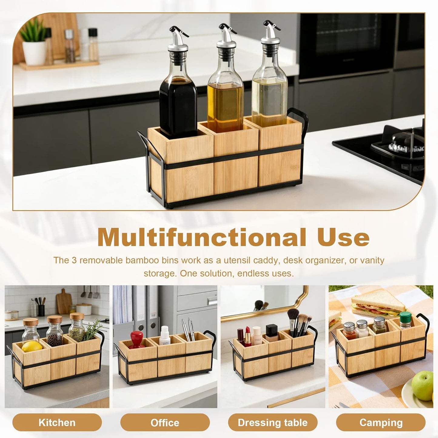 Kitchen Utensil Holder for Countertop, 3 Compartments Wooden Utensils Organizer for Cooking Utensils, Silverware, Spatula, Fork, Knife, Cutlery Storage for Kitchen Counter-White