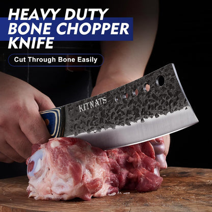 KITNATS 3PCS Butcher Knife Set, Hand Forged kitchen Knife Set-Heavy Duty Bone Chopper & Meat Cleaver & Viking Chef Knife Set for Home, Outdoor Cooking, Camping BBQ