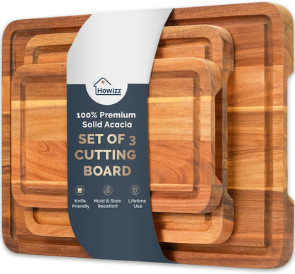 Howizz Acacia Wood Large Cutting Board, Thick End Grain Solid Wood Butcher Block For Kitchen, Non Toxic Pre-Oiled Carving Tray w/Juice Grooves and Easy Grip Handle, 20"x15"x1" (Gift-Ready Box)