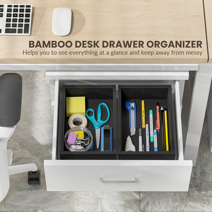 Kitchen Drawer Organizer Bins, Stackable Bamboo Deep Drawer Organizer for Silverware, Utensils, Cutlery, Flatware, Junk Drawer, Dresser, Bathroom, 12" x 3" x 2.5" (Set of 2)