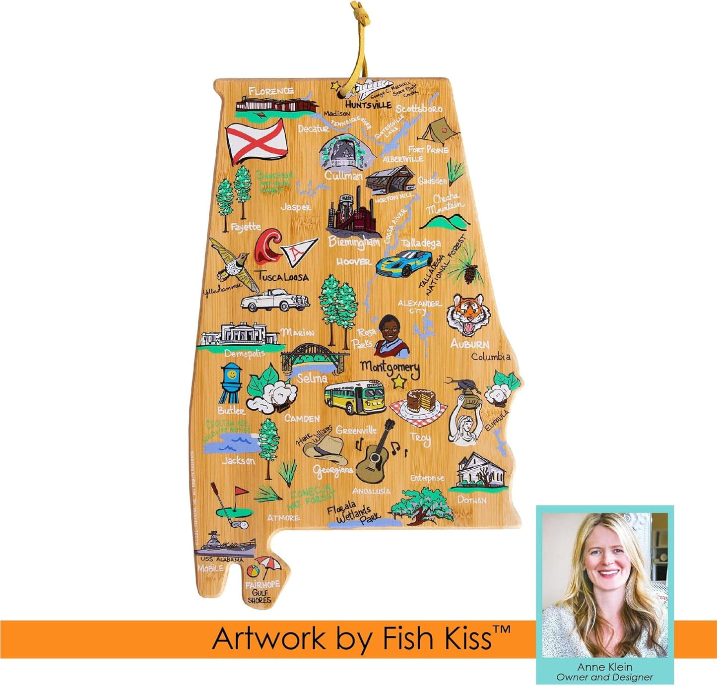 Totally Bamboo Tennessee State Shaped Cutting Board and Charcuterie Serving Platter with Artwork by Fish Kiss, Includes Hang Tie for Wall Display - Colors A