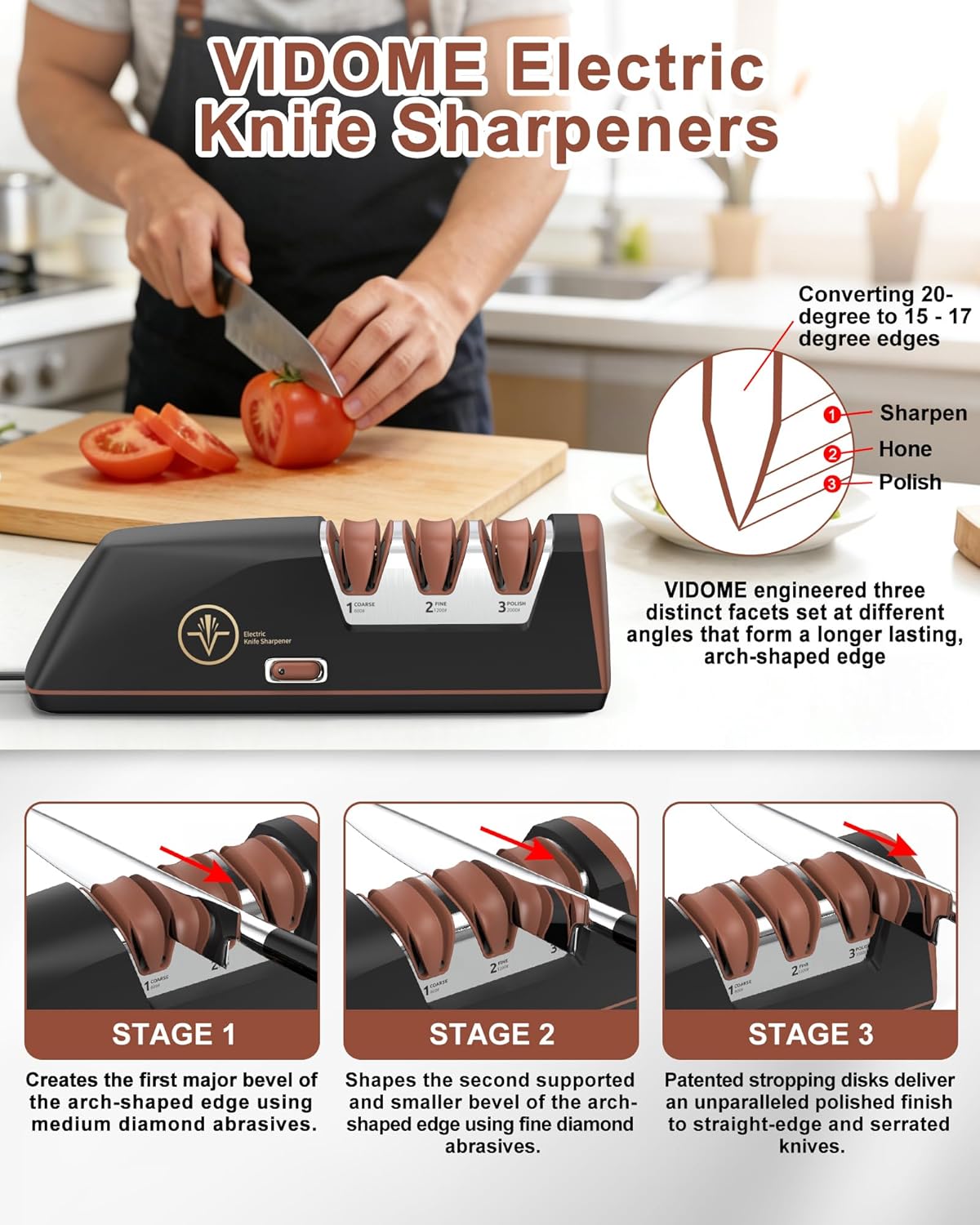 Electric Knife Sharpener with Replaceable Sharpening Head Easy to Change, 3-Stage & 15° Precision Angle Diamond Sharpening System for Metal Knives, Ceramic knives, Exquisite Gifts and Packaging