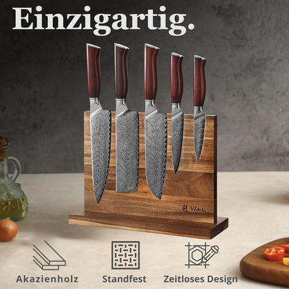 Wakoli Damascus Chef Knife Set with Magnetic Block – 5-Piece Professional Kitchen Knife Block Set, Genuine 67-Layer Damascus Steel Blades with VG10 Core & Ergonomic Sycamore Wood Handles