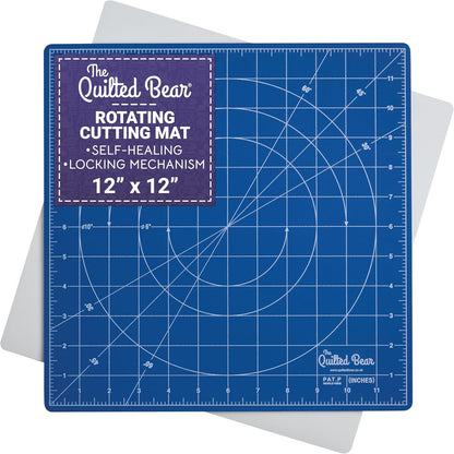 The Quilted Bear Rotating Cutting Mat 12" x 12" - Locking & Rotating Self Healing Cutting Board for Sewing, Fabric & Quilting - 360 Degree Sewing Supplies Mat for Craft Table (Pink)