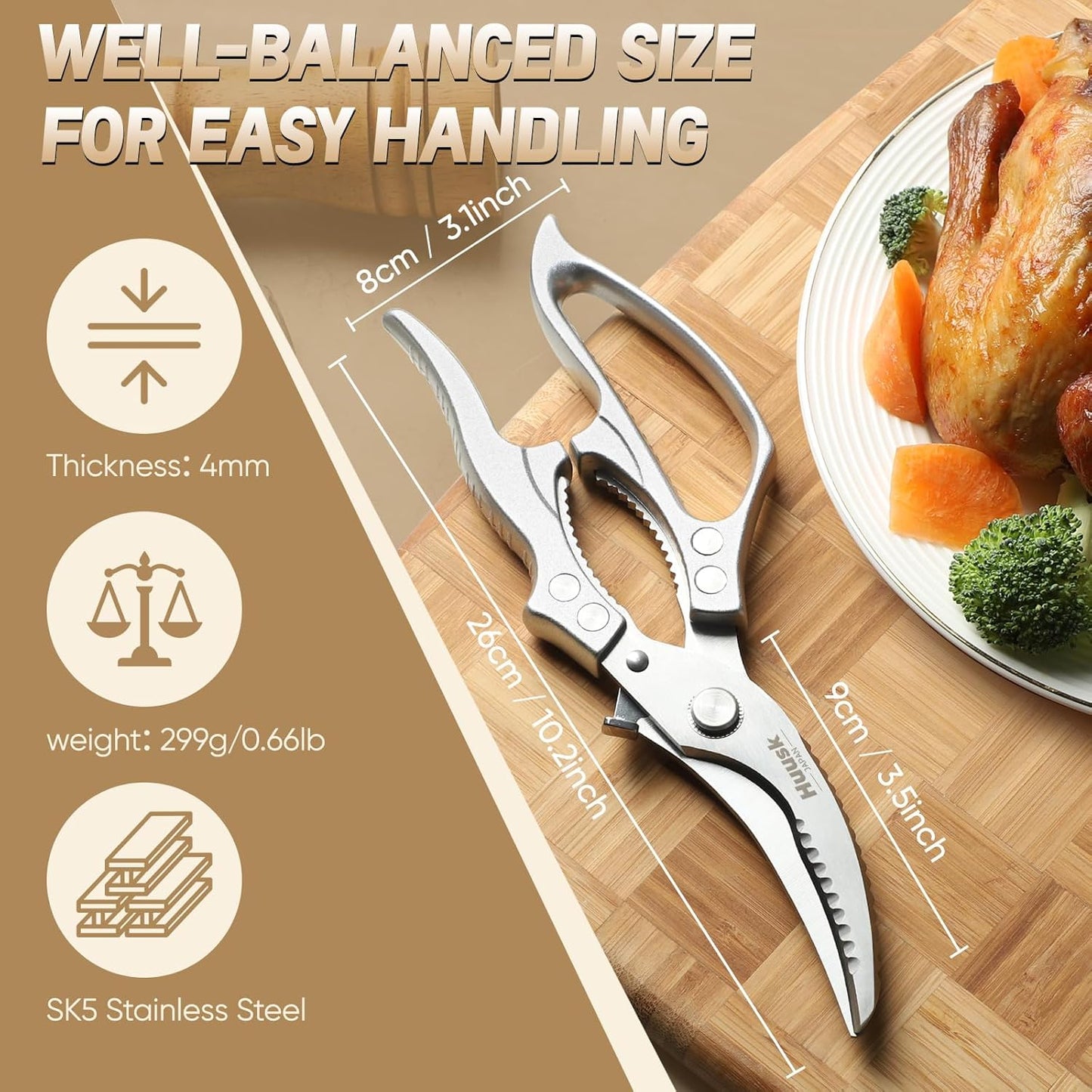 Huusk Poultry Shears Heavy Duty – All Purpose Japanese Kitchen Scissors for Chicken, Meat, Fish, Vegetables & Pizza with Ergonomic Non-Slip Red Handle, Gifts for Women Men