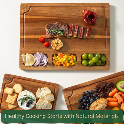 THETCHRY Acacia Wood Cutting Boards for Kitchen, Premium Wood Cutting Board Set with Holder, Chopping Board with Grooves and Built-in Handles, Wooden Charcuterie Board Trays for Meat, Fruit, Cheese