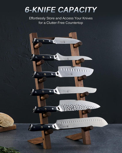 KYOKU Wooden Knife Stand, 6 Layer Natural Wood Knife Display Stand, Japanese Style Kitchen Knife Holder with Wide Support Legs, Knife Block Countertop Tabletop Organizer for Home Restaurant Kitchen
