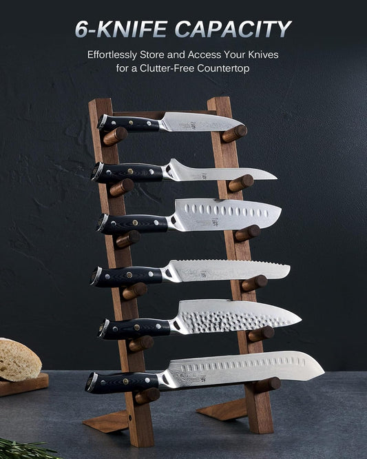 KYOKU Wooden Knife Stand, 6 Layer Natural Wood Knife Display Stand, Japanese Style Kitchen Knife Holder with Wide Support Legs, Knife Block Countertop Tabletop Organizer for Home Restaurant Kitchen