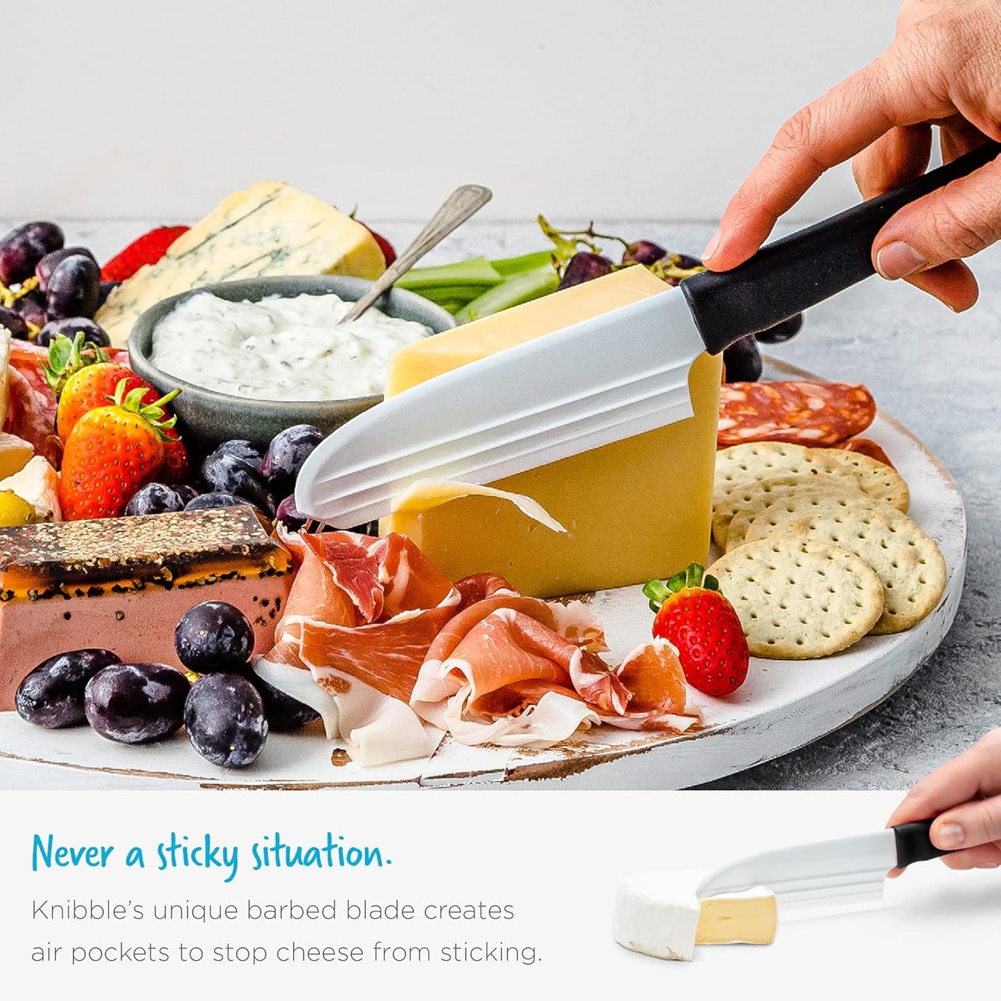 Dreamfarm Knibble Lite 3-In-1 Non-Stick Cheese Knife for Charcuterie, Slicing, Spreading, with Built-In Fork to Serve & Share Foods - 9" Black