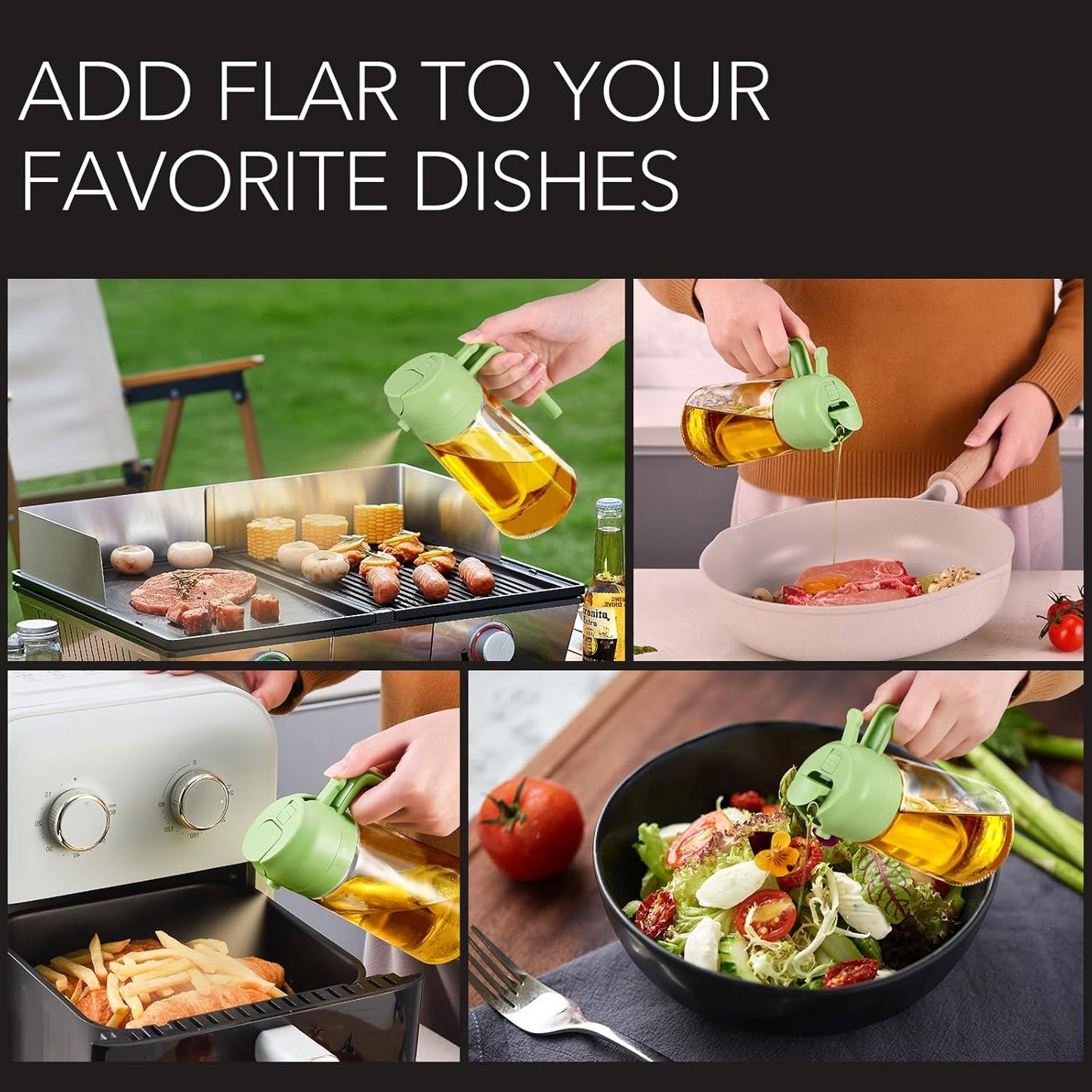 YARRAMATE 16oz/470ml Glass Olive Oil Sprayer for Cooking with Stickers, 2 in 1 Oil Dispenser for Kitchen Gadgets, Food Grade Premium Spray Bottle for Salad, Frying, BBQ (Creamy White)