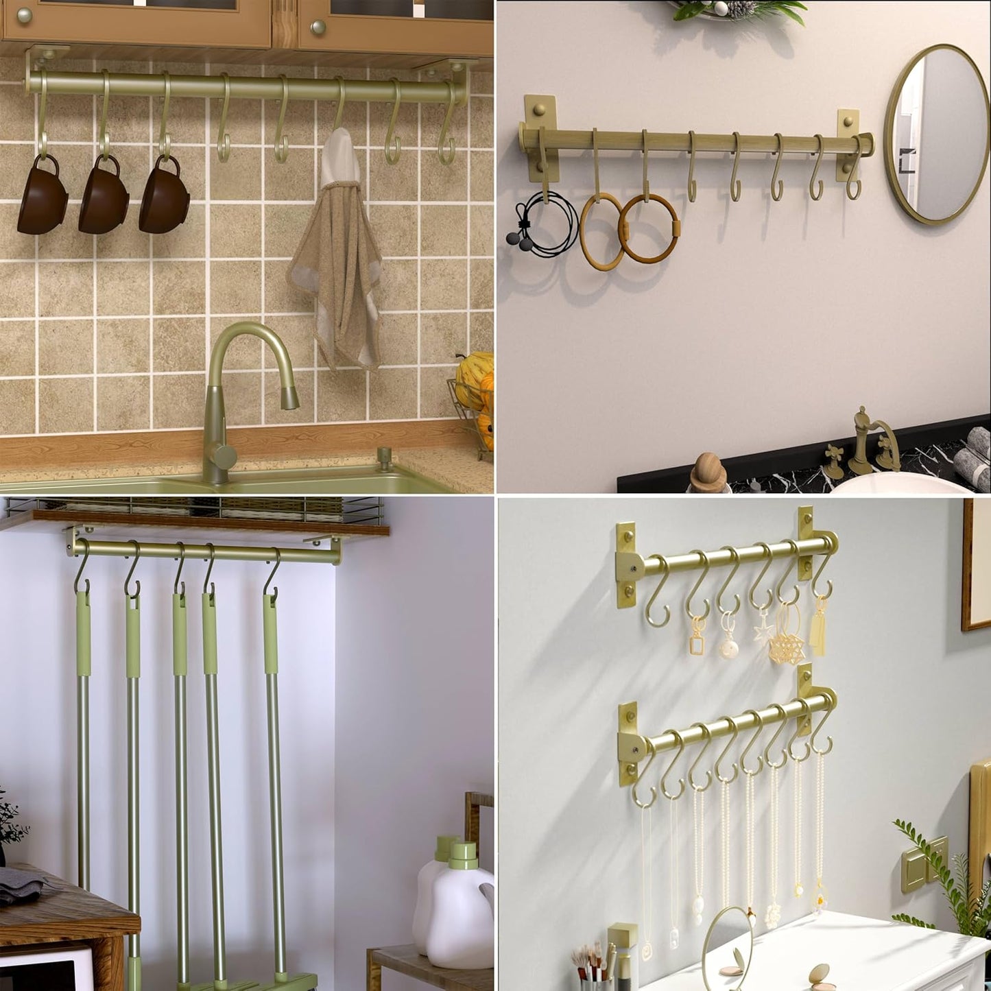 Dseap Kitchen Utensil Holder Hanger, Pot and Pan Rack Wall Mounted, Kitchen Rail with 8 Hooks for Hanging Cooking Utensils, Mugs, Spoons, Wall Mounted, Silver