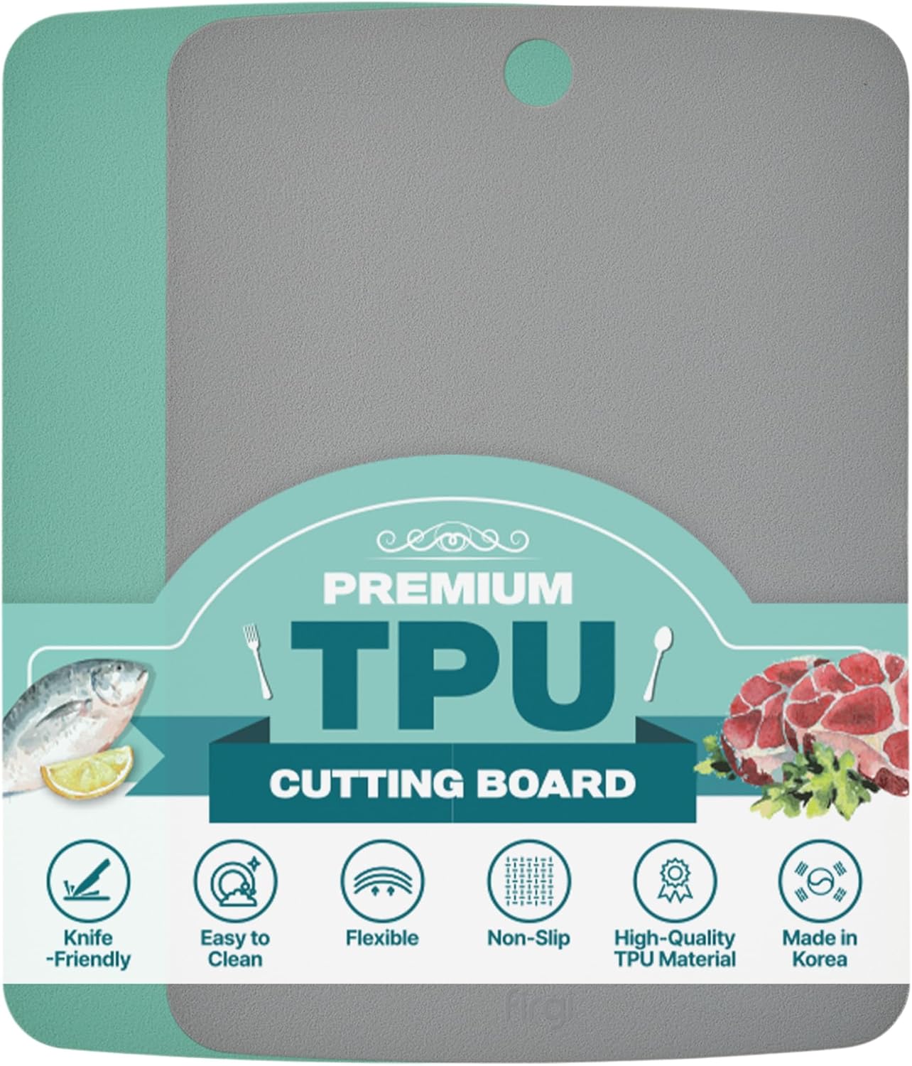 TPU Cutting Board Set of 2 11" x 16" with Handle Juice Groove - Flexible Cutting Mats for Kitchen, Knife Friendly Non-Slip Chopping Board, Scratch Resistant Blue Gray