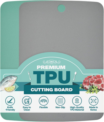 TPU Cutting Board Set of 2 11" x 16" with Handle Juice Groove - Flexible Cutting Mats for Kitchen, Knife Friendly Non-Slip Chopping Board, Scratch Resistant Blue Gray