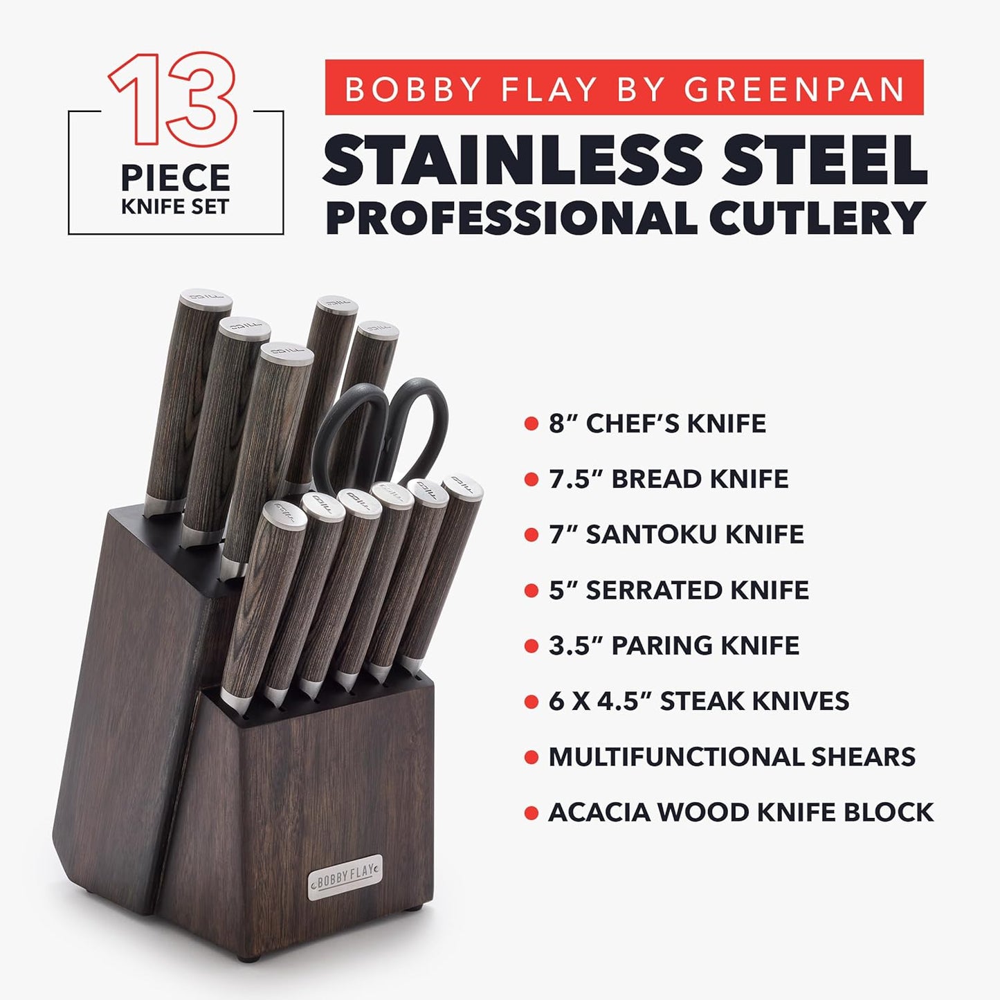GreenPan x Bobby Flay 6 Piece Steak Knife Set with Wood Storage Box, Premium Stainless Steel Blades, Precision Cutting Tools, Ultra-Versatile Cutlery, Hand Finished Wood Handle, Damascus Steel Design