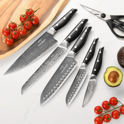 Damascus Knife Set with Block for Kitchen, 7-Piece VG10 Damascus Steel Kitchen Knife Set with Triple-Rivet Handles, Chef, Bread & Santoku Knives, Shears, Natural Wooden Block