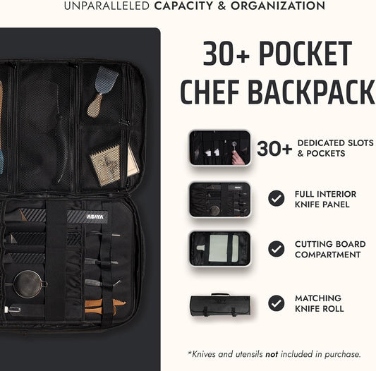 Asaya Chef Knife Backpack with 20-Pocket Knife Roll Bag - Over 30 Storage Pockets Chef Bag, Professional Backpack for Chefs and Culinary Students – Knives Not Included (Grey)