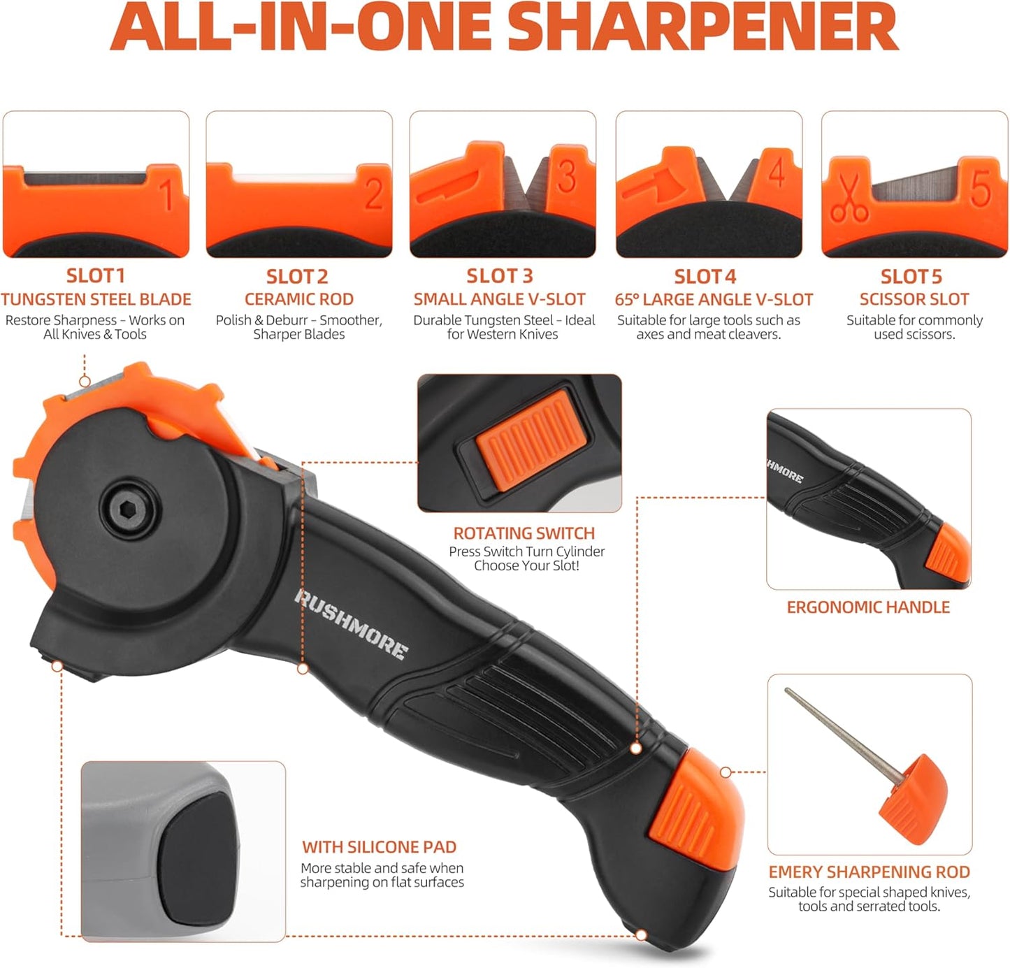 Rushmore 6-in-1 Garden Tool & Knife Sharpener – Carbide & Ceramic Blades for Pruners, Scissors, Axes, Machetes, Hedge Shears & Lawn Mower Blades – Repairs, Hones & Maintains Edges