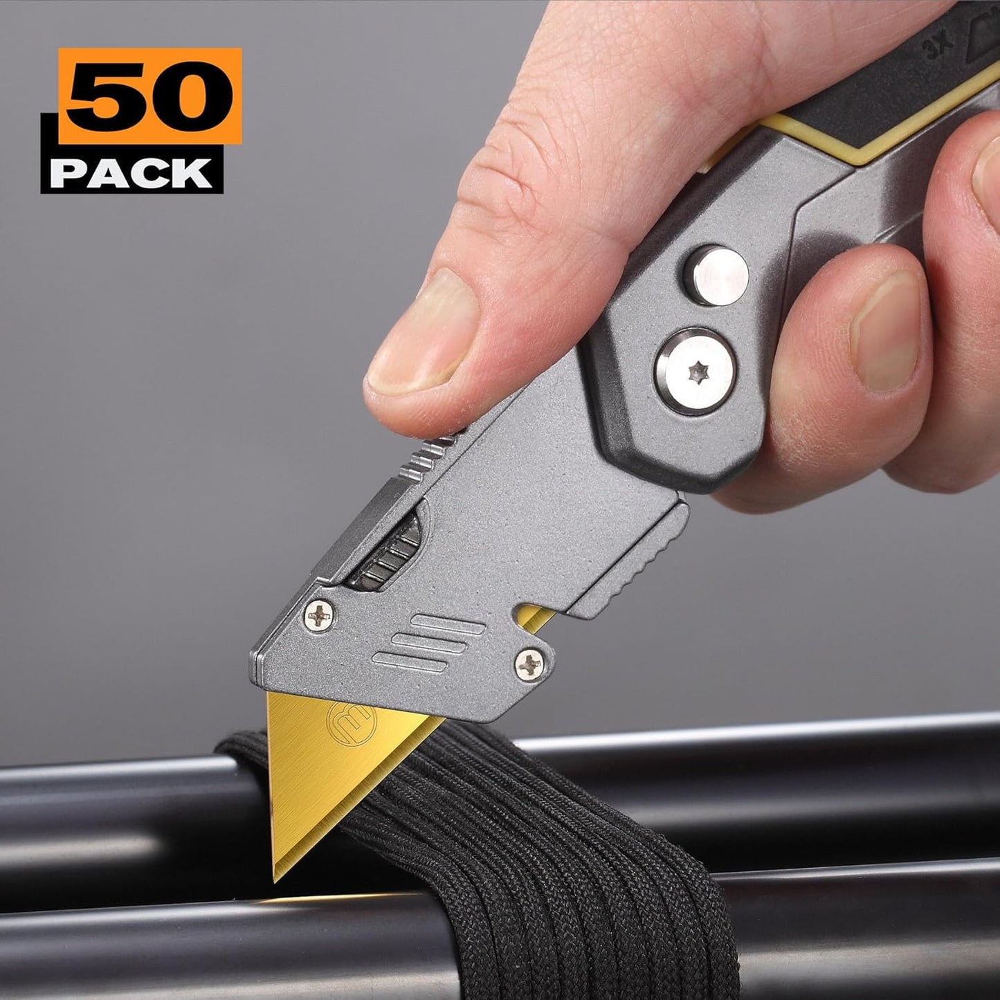 M MEEPO 100-Pack Utility Knife Blades, Titanium Fully Plated, Durable SK-2 Razor Blades for Utility Knife Box Cutter, Never Rust, Extra Durable, With 1-blade & 5-blade Dispenser