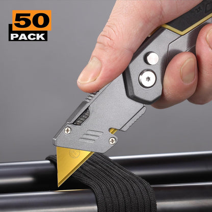 M MEEPO 100-Pack Utility Knife Blades, Titanium Fully Plated, Durable SK-2 Razor Blades for Utility Knife Box Cutter, Never Rust, Extra Durable, With 1-blade & 5-blade Dispenser