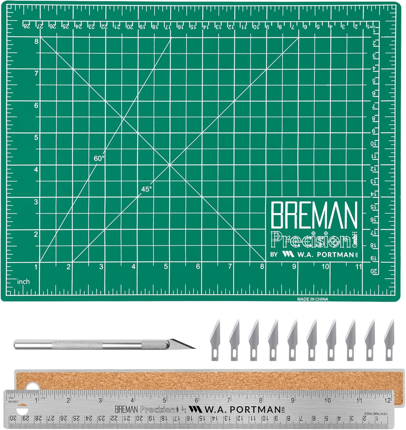 WA Portman 9x12 Inch Self Healing Cutting Mats for Crafts – Fabric Cutting Mat with Precision Craft Knife, 10#11 Hobby Knife Blades & Metal Ruler 12 Inch Cork Backed Ruler – All-in-One Craft Kit