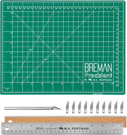 WA Portman 9x12 Inch Self Healing Cutting Mats for Crafts – Fabric Cutting Mat with Precision Craft Knife, 10#11 Hobby Knife Blades & Metal Ruler 12 Inch Cork Backed Ruler – All-in-One Craft Kit