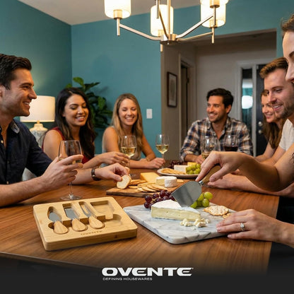 OVENTE 4 Piece Cheese Knife Set with Bamboo Handle & Wooden Case, Complete Stainless Steel Charcuterie Knives, Ideal Cheese Slicer, Spread & Butter Cutter for Party and Holiday Gift, Brown KCS5974B