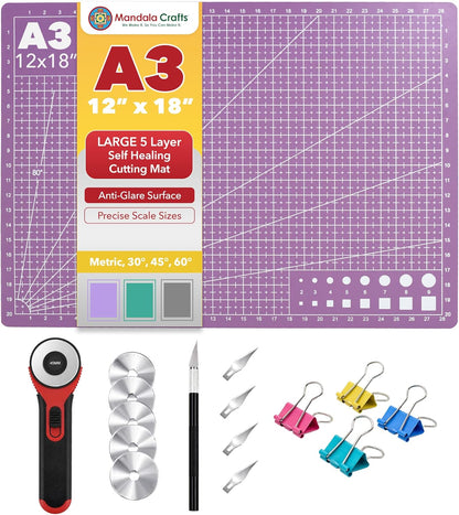 Mandala Crafts Self-Healing Cutting Mat Set – 12" x 18" A3 Green Double-Sided 5-Ply Mat with Fabric Cutter, Quilt Ruler & Craft Knife for Sewing, Quilting, Leather & Scrapbooking