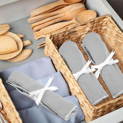 Hillban 6 Pcs Anti Tarnish Silver Storage Bags Silver Storage Cloth Felt Flatware Organizer Anti Tarnish Protector Bags Place Setting Roll with White Ribbon for Kitchen Cutlery (12 Slots,Black)