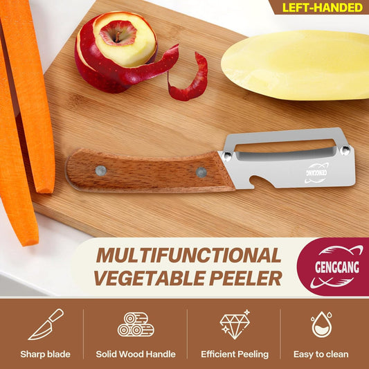 Multi-Functional Vegetable Peeler, Non-Slip Wooden Handle with Sharp Stainless Steel Blade, Built-in Bottle Opener - Perfect Kitchen Peeler For Veggie, Fruit, Potato, Carrot, Apple