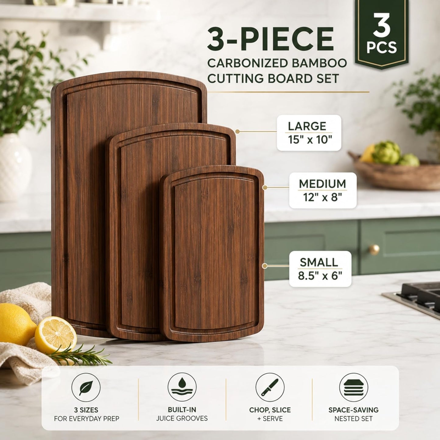Bamboo Cutting Board Set of 4, Large Cutting Boards for Kitchen, Wood Cutting Board with Juice Groove Side Handles, Wooden Cutting Board for Kitchen, Meat Chopping Board Meal Prep, Serving Charcuterie