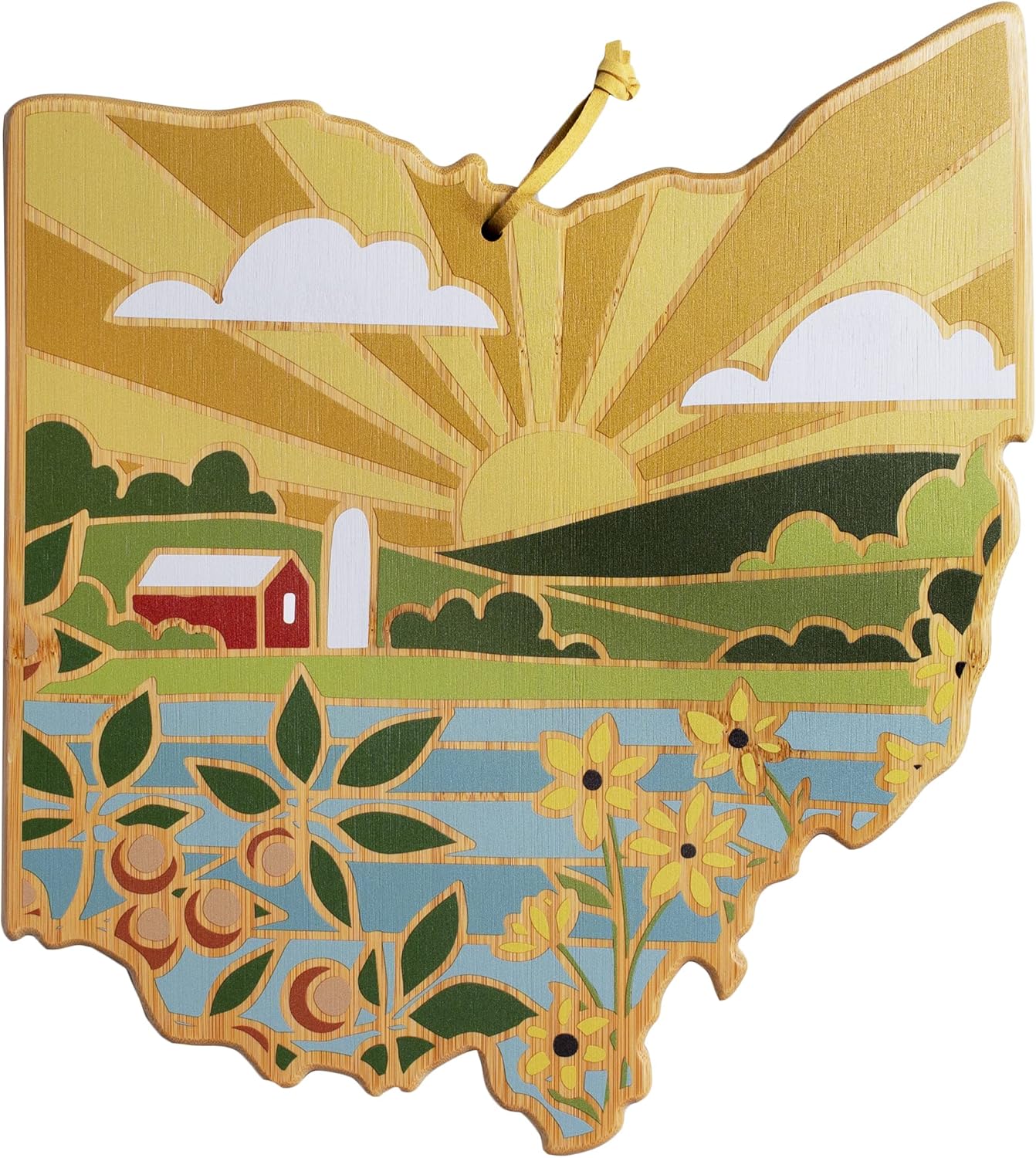 Totally Bamboo North Carolina State Shaped Cutting Board and Charcuterie Serving Platter with Artwork by Summer Stokes, Includes Hang Tie for Wall Display 18" x 8" x 5/8" - Colors B