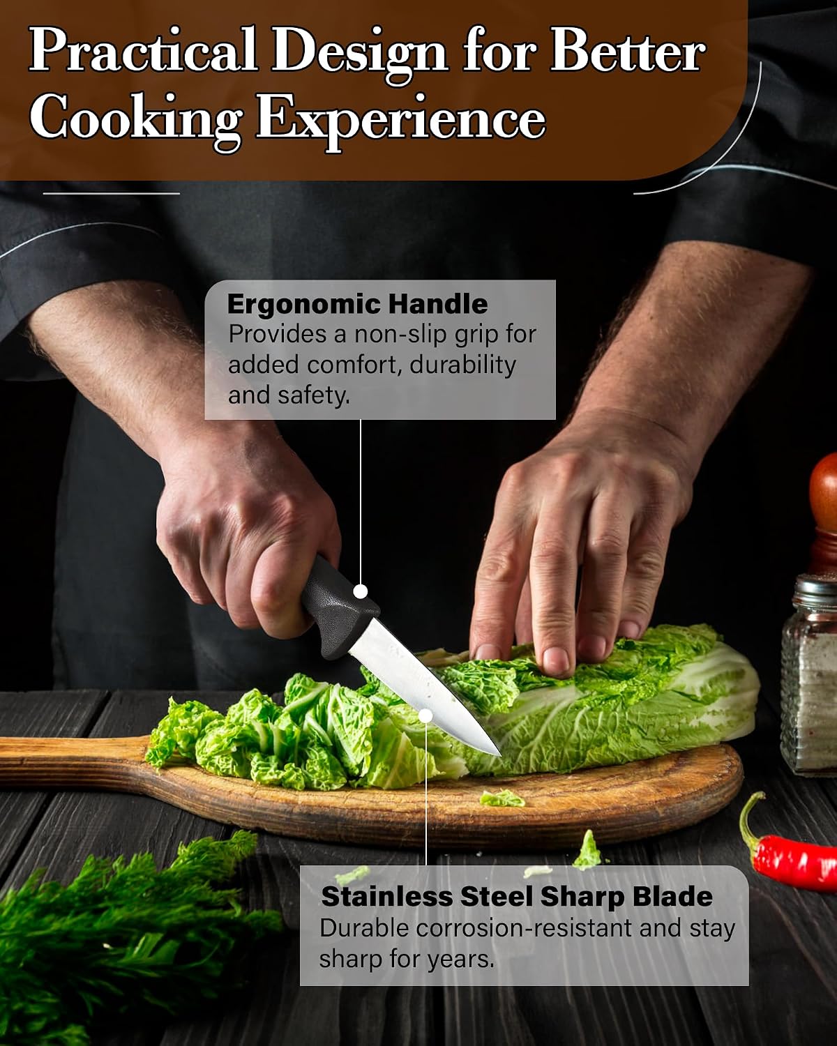 Cook N Home Professional Paring Knife Set, High Carbon Stainless Steel Kitchen Knives, Includes-Utility, Paring, Vegetable, Peeling Knife, Ergonomic Handle, 4-Piece, Black