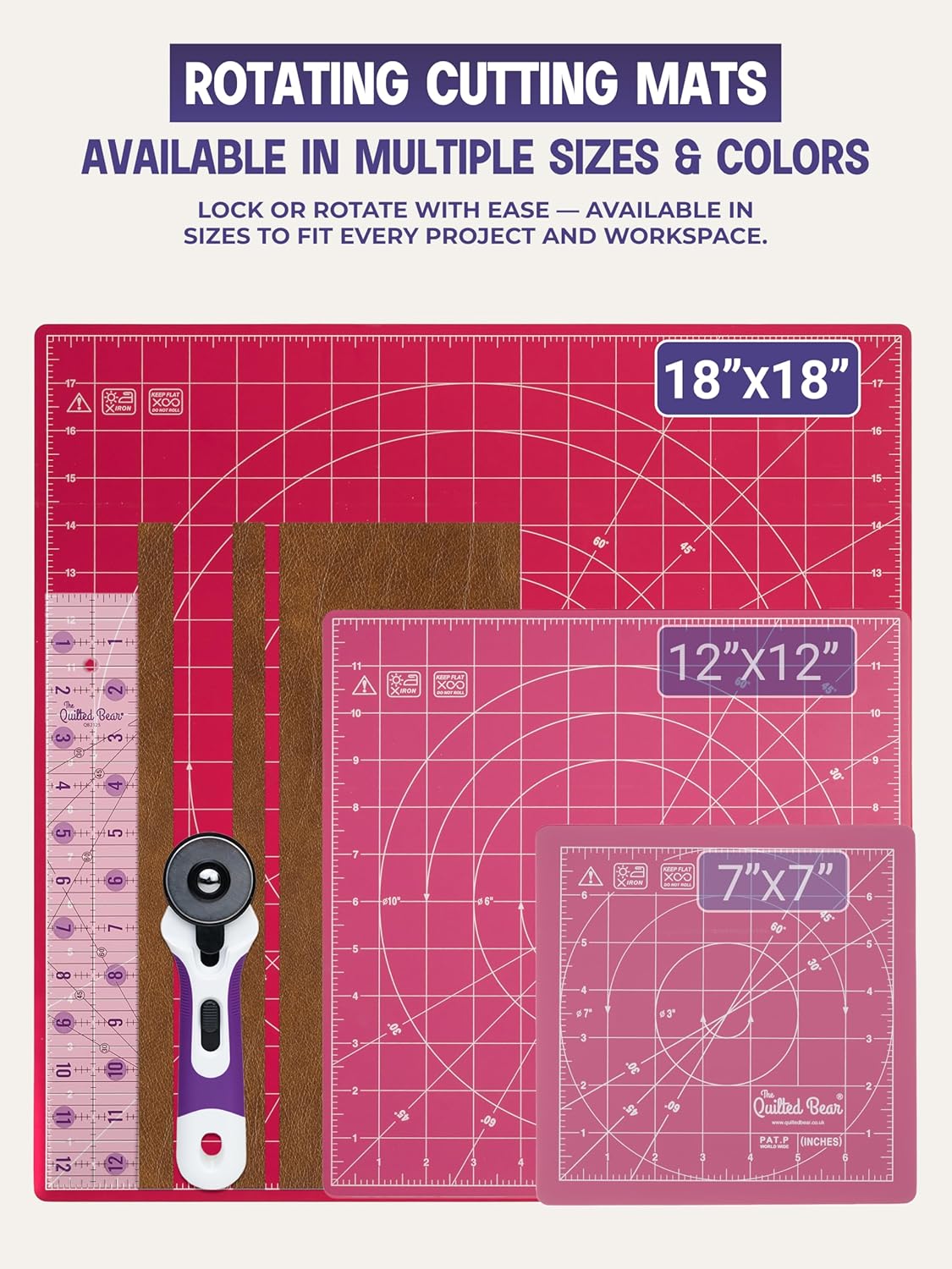 The Quilted Bear Rotating Cutting Mat 12" x 12" - Locking & Rotating Self Healing Cutting Board for Sewing, Fabric & Quilting - 360 Degree Sewing Supplies Mat for Craft Table (Pink)