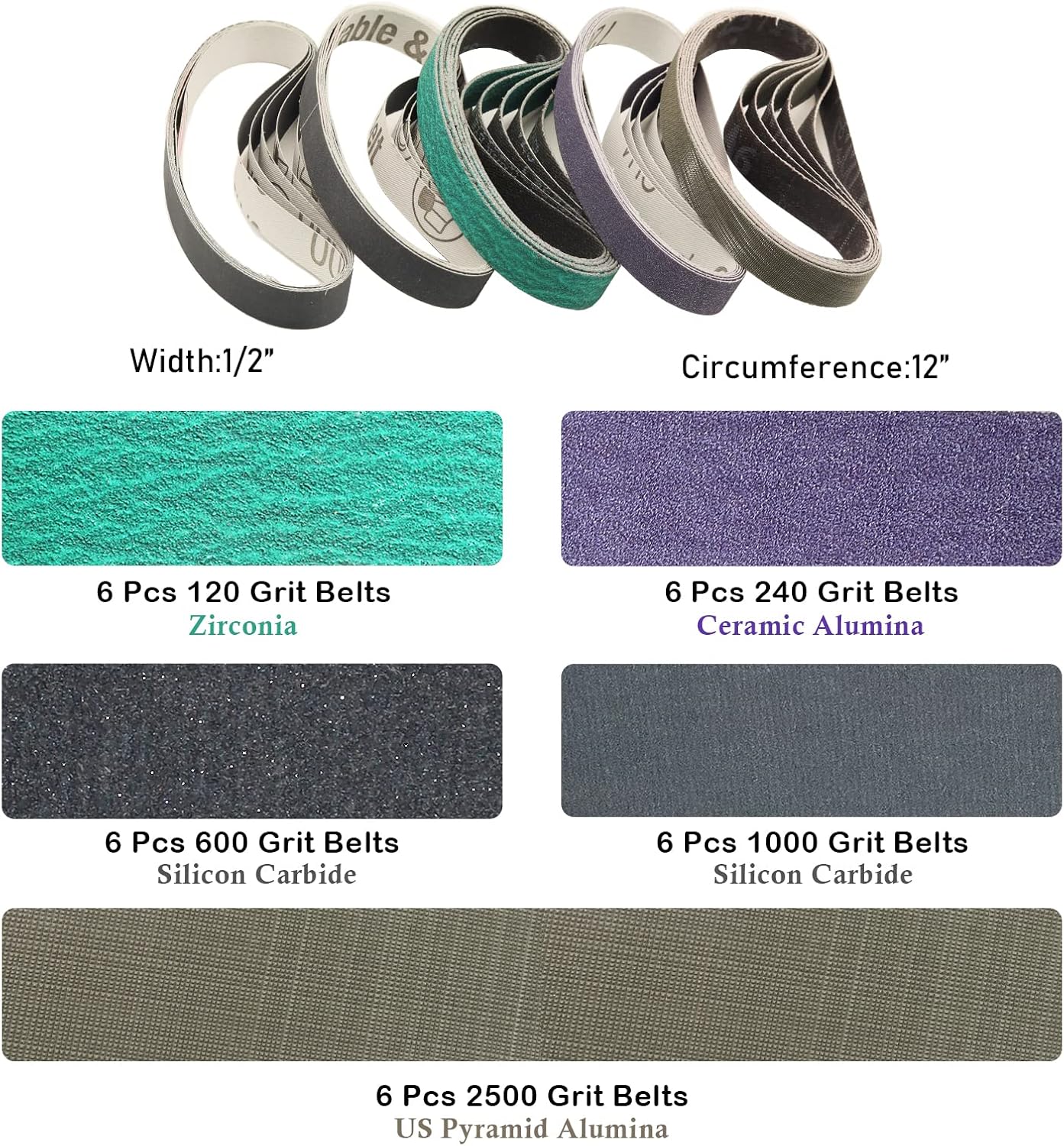 1 x 18 Inch Sanding Belts,Knife Sharpening Belt Kit Fits Work Sharp Blade Grinder Attachment of Ken Onion Edition Knife & Tool Sharpener,2 PCS Each of 120, 240, 400, 600,1000 2500 Grits,12-Pack