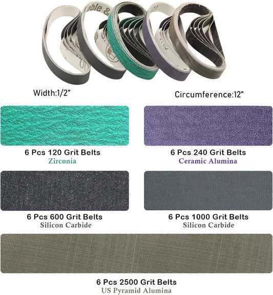 1 x 18 Inch Sanding Belts,Knife Sharpening Belt Kit Fits Work Sharp Blade Grinder Attachment of Ken Onion Edition Knife & Tool Sharpener,2 PCS Each of 120, 240, 400, 600,1000 2500 Grits,12-Pack