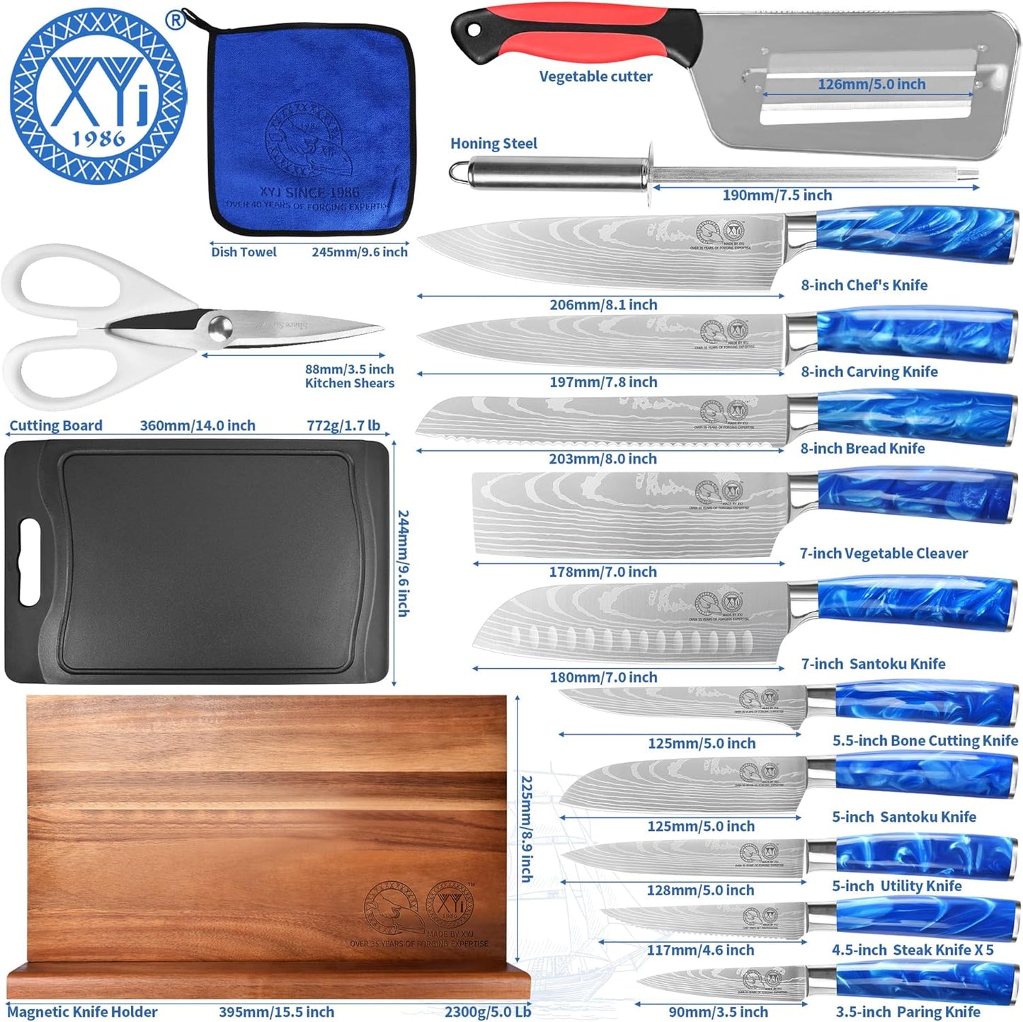 XYJ Kitchen Knife Block Set,Stainless Steel Knives Set with Magnetic Knife Block,Scissors,Gloves,Honing Steel,Japanese Style Paring Boning Steak Slicing Santoku Chef Knives,Resin Handle