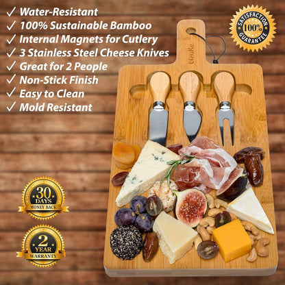 Bamboo Cheese Board and Knife Set 14x11 inch – Wood Cheese Cutting Board, Serving Tray Platter, Charcuterie Board Set with 4 Cheese Knives – BlauKe®