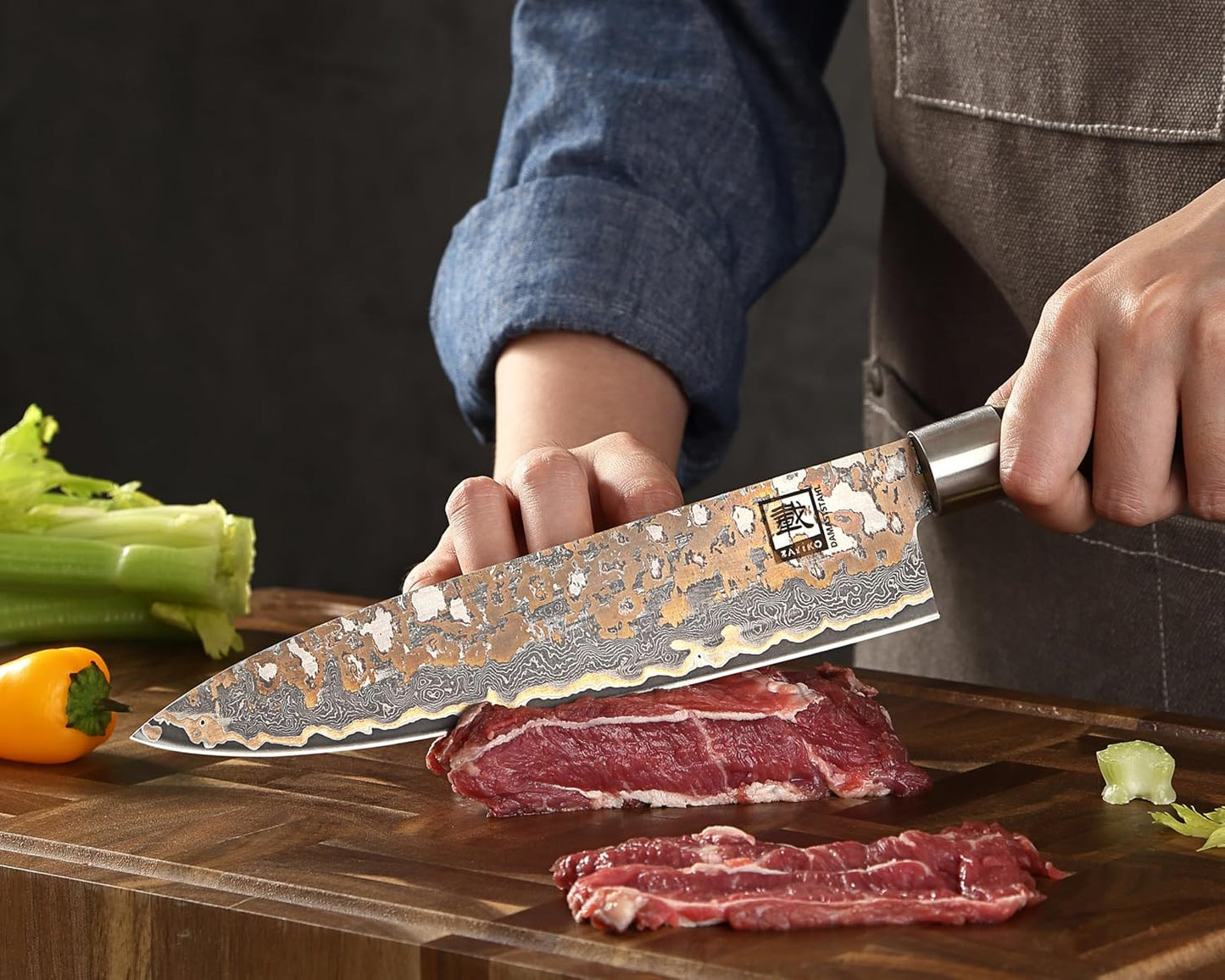zayiko MysticMagma Nakiri Damascus Knife, 17 cm Blade made of 67 Layers of Damascus Steel with copper and bronze Inlay, DualCurve Handle made of maple root Wood, wooden Box