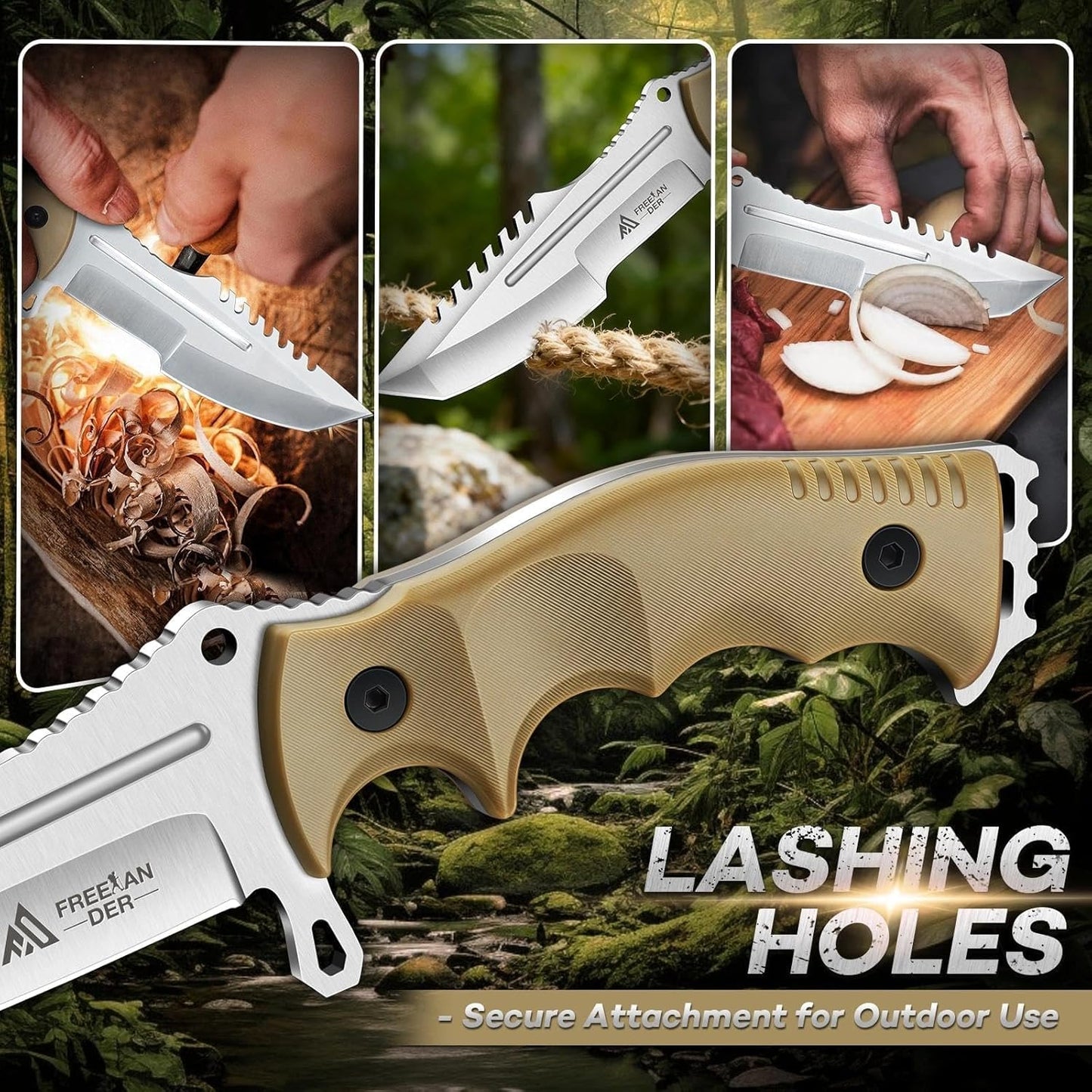 Freelander Fixed Blade Knife with Sheath, Full Tang D2 Steel Survival Knife, Camping Bushcraft Knives with Ergonomic Handle, Outdoor Knives for Men