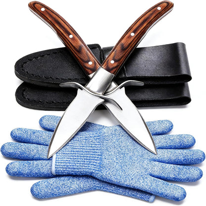 Oyster Knife Shucker Kit, Professional Oyster Shucking Knife Set with 2 Stainless Steel Seafood Openers, Full Tang Pakka Wood Handles, 2 Sheaths & 2 Pairs of Protective Gloves for Clams