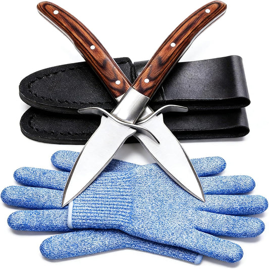 Oyster Knife Shucker Kit, Professional Oyster Shucking Knife Set with 2 Stainless Steel Seafood Openers, Full Tang Pakka Wood Handles, 2 Sheaths & 2 Pairs of Protective Gloves for Clams