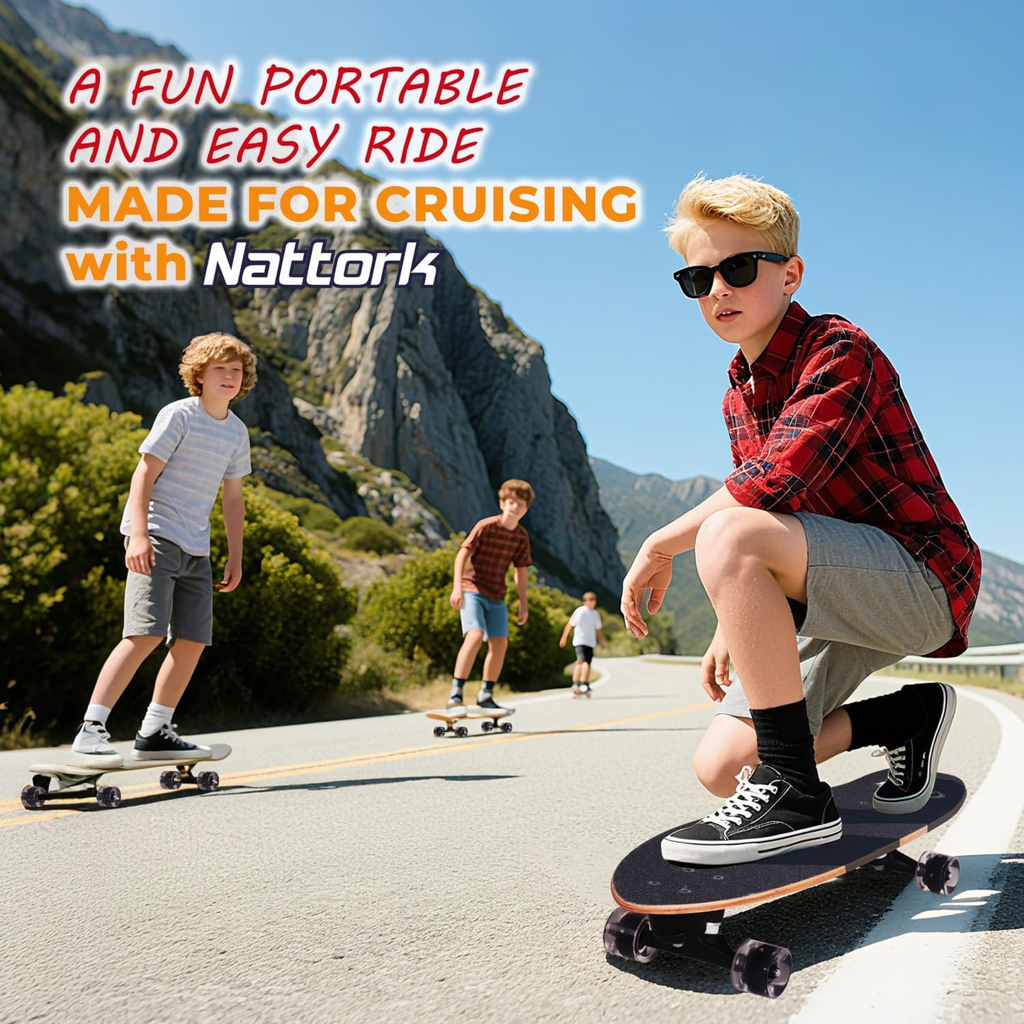 Nattork Complete Kid Skateboards 29" x 9" Youth Cruiser Skateboard for Beginners Double Kick Deck Concave Girls or Boys Skateboard