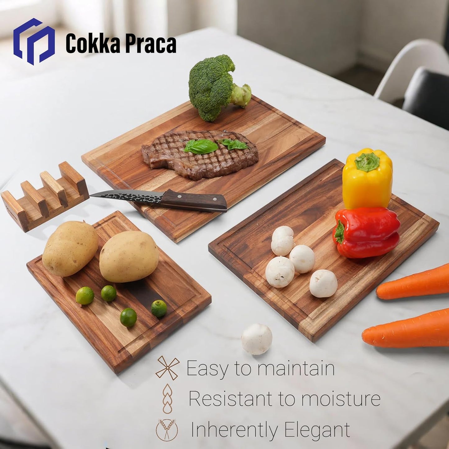 Non Toxic Acacia Wood Cutting Board Set with Stand | 3 Pcs Knife-Friendly Non-Slip Wooden Cutting Boards for Kitchen | 0.7″Thick Butcher Block | Solid Chopping Boards with Juice Groove